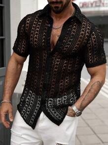 Manfinity Homme 男士度假休闲纯色镂空针织衬衫 - 黑色 - 查看 4