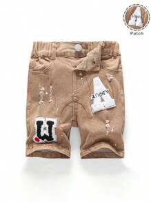 SHEIN 男童夏季街头酷炫字母贴片破洞磨边高弹修身牛仔短裤，带口袋，街头风春假 - 卡其色 - 查看 1
