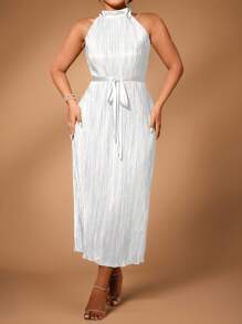 Calvaya Plus Size Women Solid Color Long Maxi Halter Neck Pleated Dress Burgundy Color Women Outfit - White - View 6