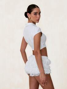 Glamine Women's Solid Color Cropped Short Sleeve Fitted Collared Shirt