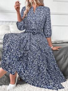 SHEIN Clasi 女式长立领碎花连衣裙 长款女装 - 藍白色 - 查看 6