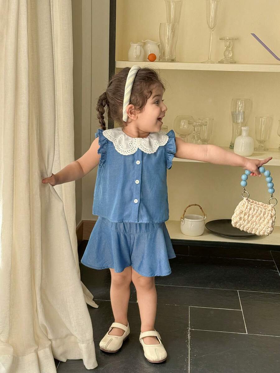 SHEIN 2 件 Babygirl 休闲蓝色彼得潘领衬衫配松紧腰短裤套装 - 藍色 - 查看 1