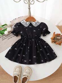 Baby Girl Spring&Summer Elegant Style Lace Decoration Collar Short Sleeves Dress - Black - View 2