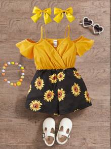 SHEIN Young Girl Solid Color Open Shoulder Patchwork Sunflower Print Romper