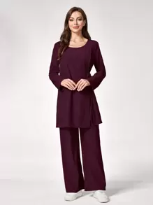 TaskEZ 女士纯色长袖上衣和裤子护理手术服套装 - 酒紅色 - 查看 4