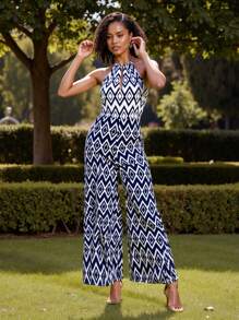 JIAN LASALA Women's Summer Hollow Out Geometric Print Wide Leg Jumpsuit, Fashionable Halter Design - Blue - View 8