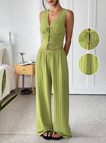 SHEIN EZwear Summer Green Textured Knit Tie-Up Camisole And Pants Set - Green - View 1