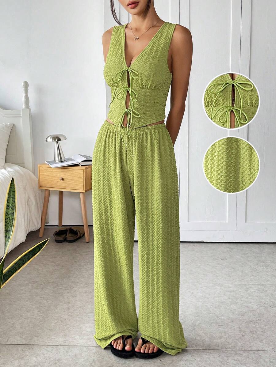 SHEIN EZwear Summer Green Textured Knit Tie-Up Camisole And Pants Set - Green - View 1