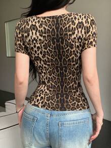 Áo thun nữ tay ngắn ôm vừa vặn họa tiết da báo thêu ren chắp vá Áo thun nữ tay dài - màu nâu - Xem 5