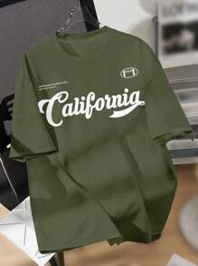 SHEIN Leap Crew Teen Boys' Casual Classic City Name Text Graphic Print Short Sleeve T-Shirt, Suitable For Summer - Army Green - View 1