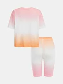 SHEIN 2pcs/Set Tween Girls Knitted Top And Shorts Set, Gradient Print Round Neck, Loose And Comfortable, Suitable For Sports, Casual Outings, Elegant City, Student College Style