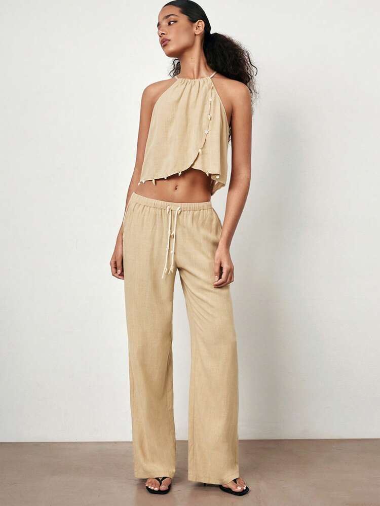 SHEIN Maija 2025 Frühjahr & Sommer Neue Lässige Mode Komfortable Damen Hose mit Muschelprint, geeignet für Urlaub, täglichen Lässig-Look, romantischen Stadtresort-Stil, passend für Ausgehaktivitäten, Partys, Hochzeitsgäste, Retro-Stil, Abschlussballsaison