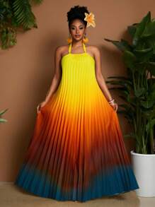 Maweii Plus Size Women's Sexy Gradient Print Halter Pleated Decor Versatile Fashion Spring/Summer New Dress - Multicolor - View 2