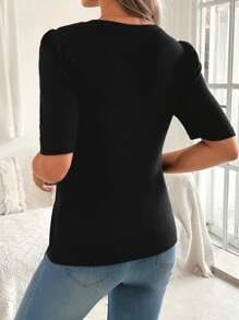 SHEIN Solid Color Ribbed Crew Neck Short Sleeve Maternity T-Shirt - Black - View 2
