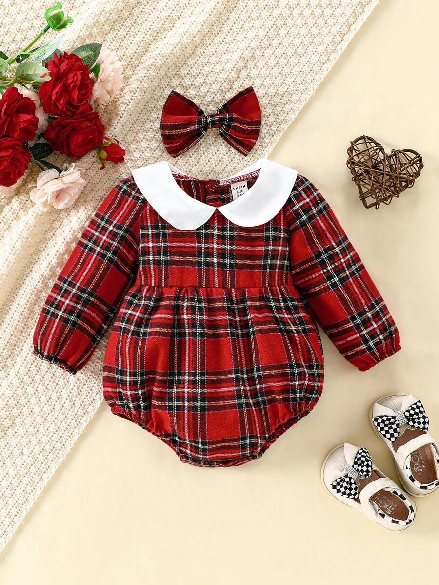 SHEIN Infant Girl Outfit: Cute Peter Pan Collar Plaid Long Sleeve Bodysuit And Bow Headband, Suitable For Christmas, Spring, Autumn, And Winter Daily Wear - Red - View 1