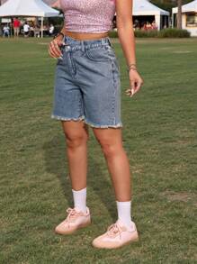 SHEIN PETITE Women's Casual Loose Denim Shorts With Oblique Placket, Blue Summer For Women Shorts For Women Concert Women Streetwear For Women