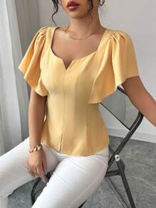 Elenzga Chemise à manches courtes élégante et cintrée à la taille, de couleur unie, simple et , convenant pour l'été - Jaune citron - Voir 5
