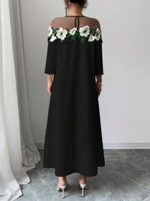 Elenzga فستان نسائي أنيق مزين بقطع شبكي مطرز بالأزهار - طراز أزهار عشوائي