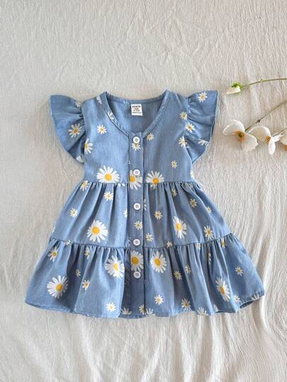 SHEIN Vintaside Kids Baby Girl One Piece Casual Vacation Floral Pattern V-Neck Dress For Summer, Outdoor Vacation