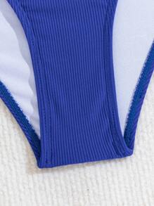 SHEIN Swim 女士纯色荷叶边性感比基尼两件套泳衣套装，夏季沙滩泳衣 - 藍色 - 查看 5