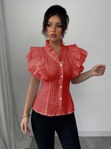 Elenzga 优雅浪漫纹理格子荷叶边下摆女式衬衫，度假风格 - 紅色 - 查看 6