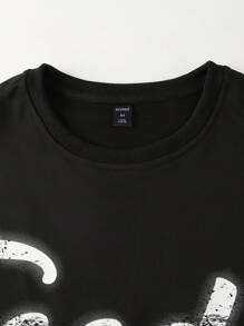 ROMWE MEN Street Life 男士字母印花圆领短袖T恤，复古街头风格 - 黑色 - 查看 5