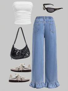 Teens Girls Loose Flared Hem Ruffled Washed Denim Jeans, Fashionable Minimalist College Style