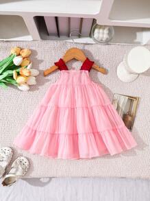 SHEIN Playful Pals Baby Girl Cute Bow Strap Dress, Summer - Pink - View 2