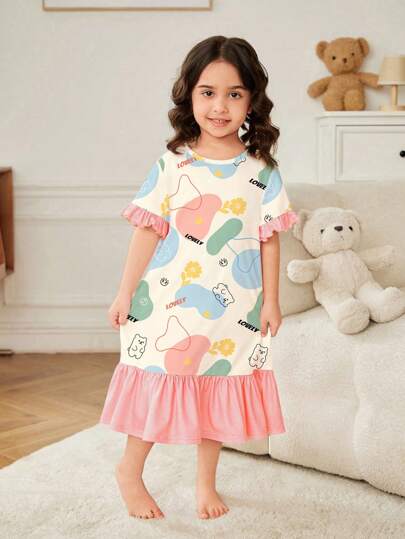 SHEIN 女婴卡通熊印花休闲睡裙，适合春夏季