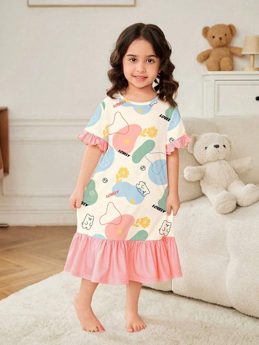 SHEIN 女婴卡通熊印花休闲睡裙，适合春夏季 - 彩色 - 查看 1