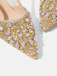 CUCCOO TILAWA Women's Pointed Toe High Heel Rhinestone Wedding Shoes, Gold Closed Toe Party Formal Heels - Gold - View 6