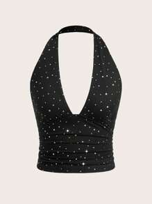 Muchica Sparkling Mesh Fabric Backless Cropped Halter Top - Black - View 1