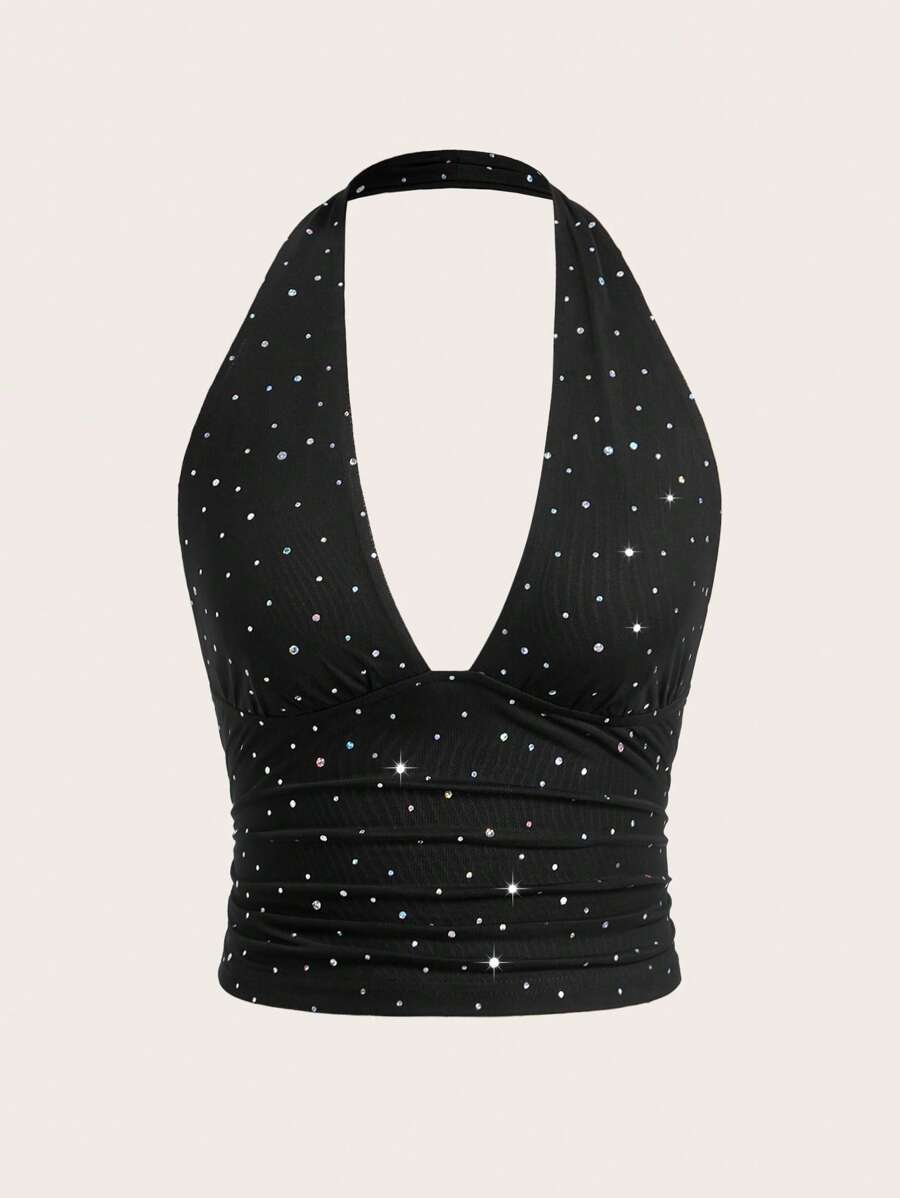 Muchica Sparkling Mesh Fabric Backless Cropped Halter Top - Black - View 1
