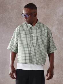 SUMWON Retro Summer Fashion Boxy Graphic Shirt Streetwear Aesthetic Urban Oversized Short Sleeve Gingham Check Print Statement Casual Top Hotline Style Cropped Design - Green - View 5