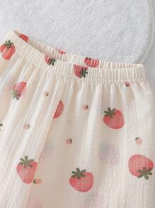 SHEIN 2pcs Young Girls Cute Strawberry Pattern Ruffle Textured Casual Comfy Open Front Top And Pants Set Home Wear - Multicolor - View 3