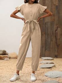 Breezaya Women's Solid Color Ruffle Short Sleeve Single-Breasted Shirt Jumpsuit