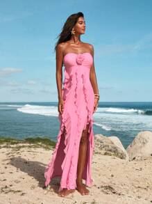 Opulessa Vestido ceñido con abertura, con volante de malla de punto de color simple para mujer