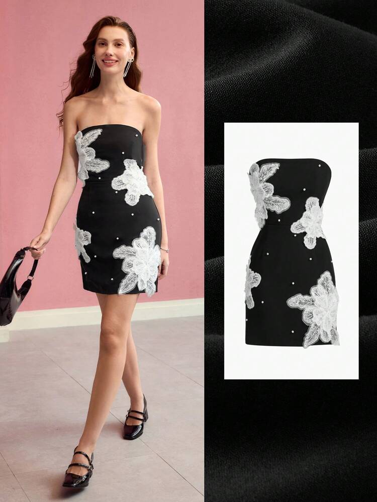 FLORAL PATCHED TUBE COCKTAIL DRESS