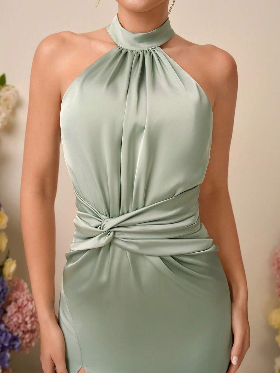 SHEIN Belle Spring And Summer Elegant Romantic Light Green Satin Halterneck Sleeveless Gathered Twisted Slim Fishtail High Slit Backless Suitable For Wedding Events Dating Holiday Dance Dinner Bridesmaid Dress - Green - View 1