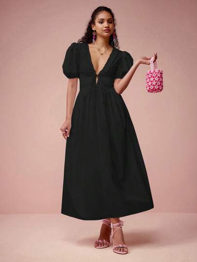 Enchnt Vestido elegante de mujer de color liso con cuello en V profundo y mangas cortas abombadas, sexy