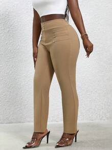 SHEIN LUNE Pantalones pitillo casuales y versátiles de talle alto para mujer con remaches - Caqui - Ver 5