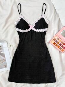 SHEIN Teen Girls Summer V-Neck Contrast Lace Dress With Bowknot Decorated Straps/Ballet Core/ Cute