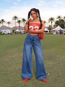 SHEIN EZwear Damen Lässig Fitted Weite Bein Blaue Jeans Sommer für Frauen, Konzert Streetwear für Damen