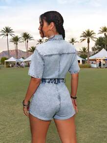 SHEIN PETITE PETITE Women's Denim Eomper With Short Sleeve, Rave Outfit,Summer Outfits For Women,Cowgirl Outfits For Women,Overalls Women,Spring Clothes,Rave Outfits Festival,Concert Outfit Women,Rave Outfits,Vacation Jumpsuit ,Country Concert Outfit - Light Wash - View 2