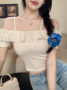 DAZY Women's Cold Shoulder Textured T-Shirt, Summer New Arrival Top,Ruffle Cute Tops - White - View 5