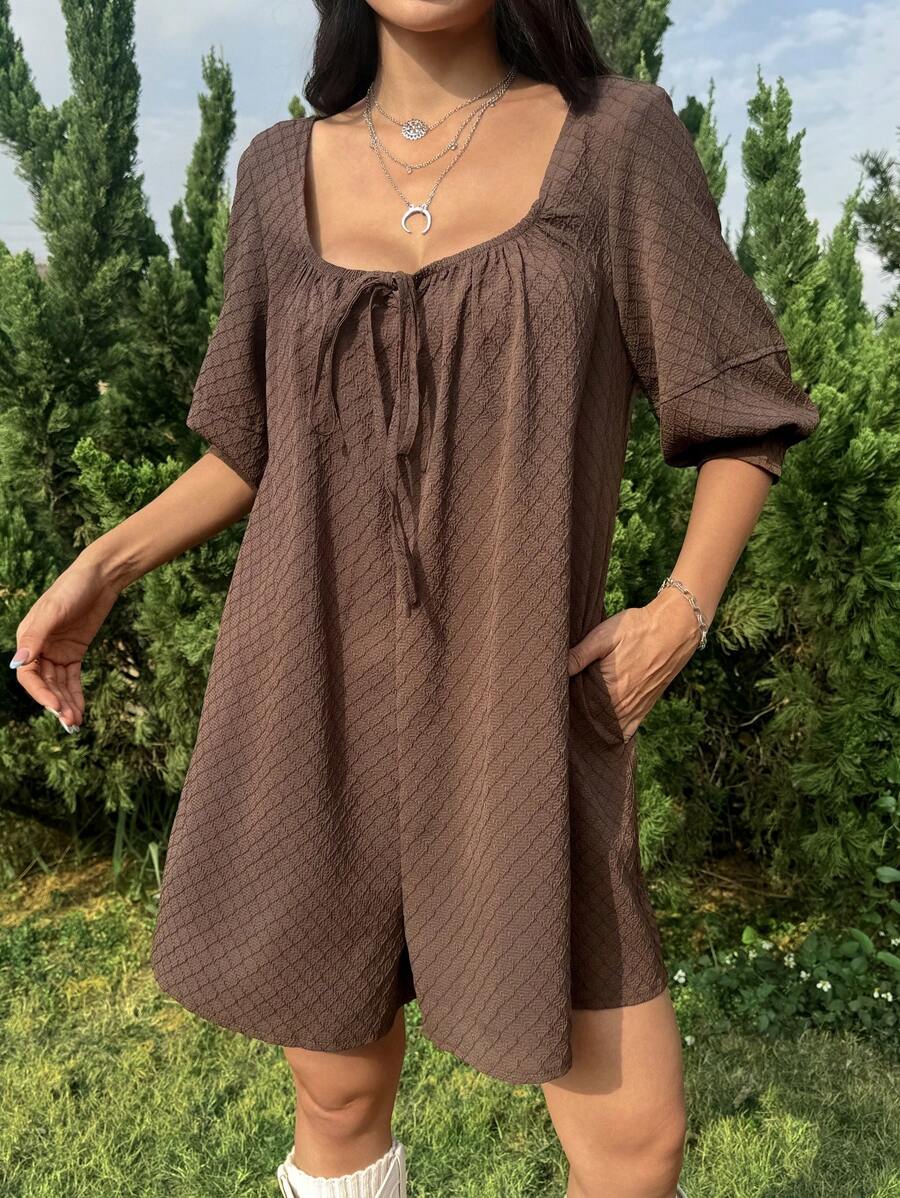 SHEIN EZwear Women's Casual Brown Woven Fabric Jumpsuit With Scoop Neck And Three-Quarter Sleeves - Brown - View 1