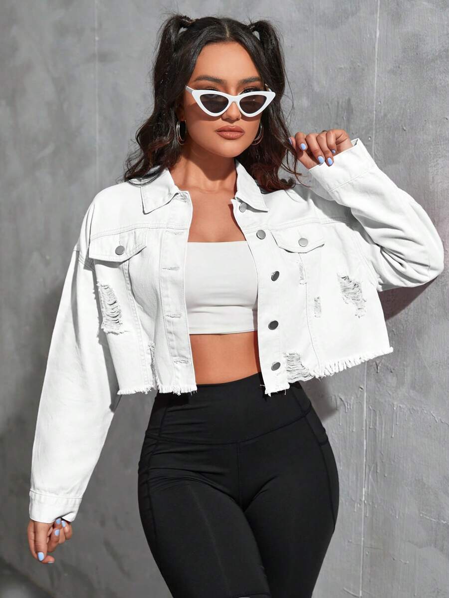 SHEIN Qutie Women's Long Sleeve Distressed Button-Up Denim Crop Jacket - White - View 1