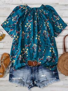 Linhara Plus Size Women's Summer Vacation Floral Print V-Neck Raglan Sleeve Casual Blouse - Multicolor - View 2