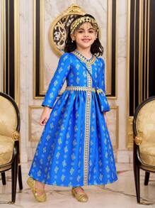 1pc Modest Elegant Red Digital Floral Print Long Sleeve Dress With Golden Trim For Young Girl, Accessorized With Crossbody Bag, Spring - Blue - View 1