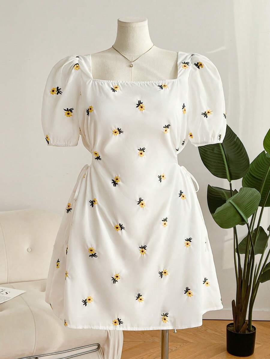 SHEIN Frenchy Plus Size Women's Yellow Embroidered Princess Sleeve Short A-Line Dress, Suitable For Valentine's Day - White - View 1